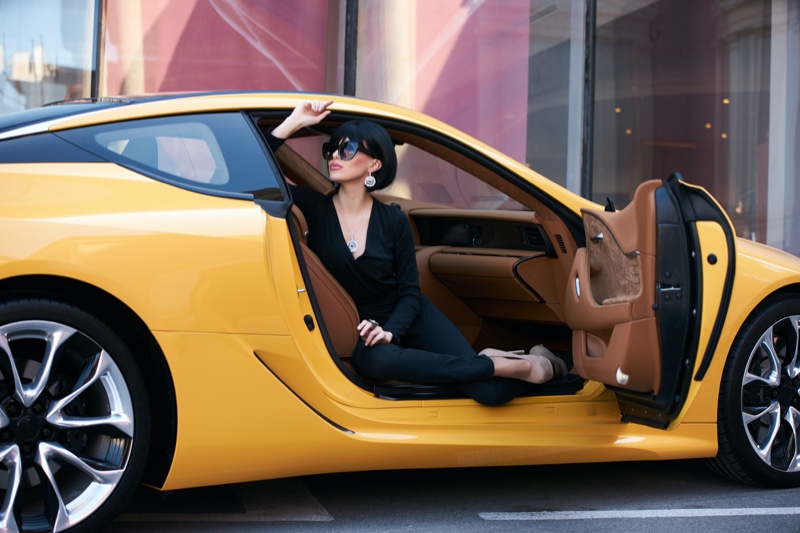 Stylish Woman Dress Black Yellow Sports Luxury Car