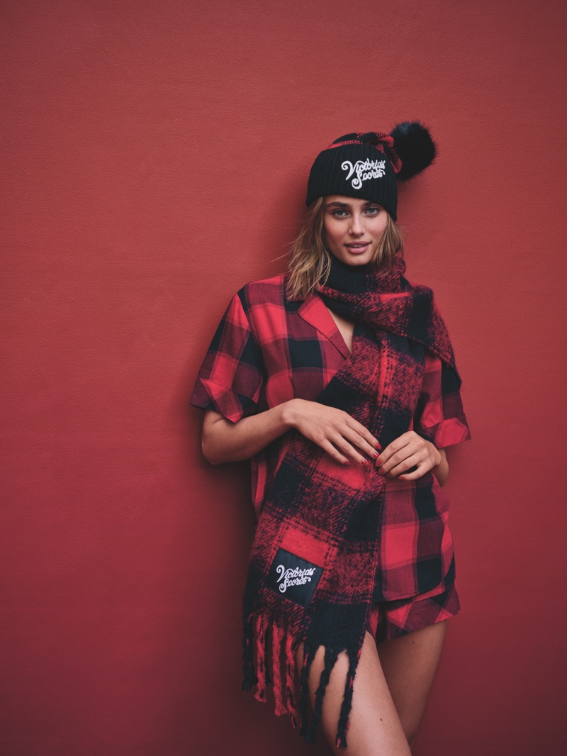 Taylor Hill wears plaid in Victoria's Secret Holiday 2021 campaign.