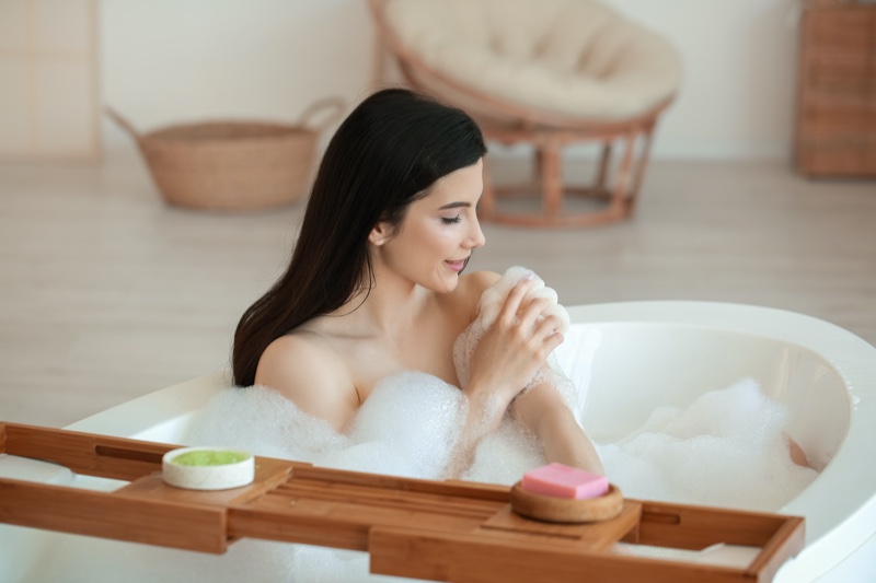 Woman Bath Tub Loofah Scrub