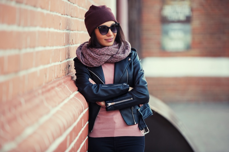 Woman Leather Jacket Sweater Knit Scarf Beanie