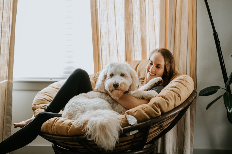 Woman Sitting Chair White Dog