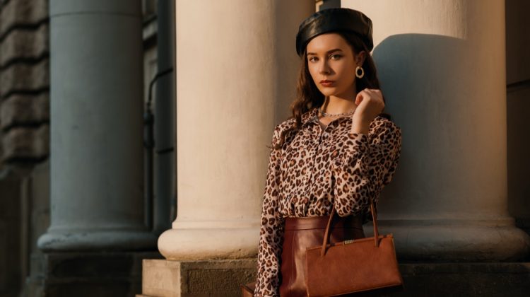 Woman Wearing Leather Beret and Leather Bag and Leather Skirt