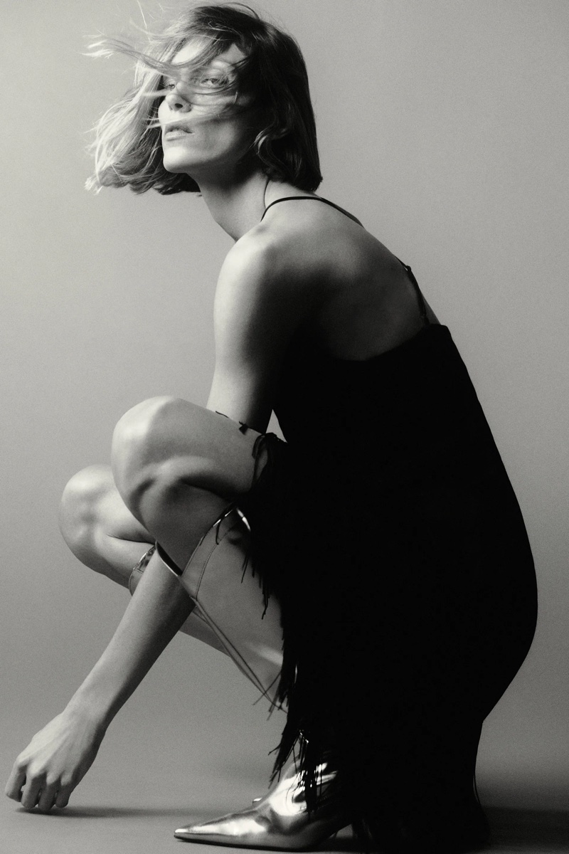 Anja Rubik models Zara fringed slip dress.