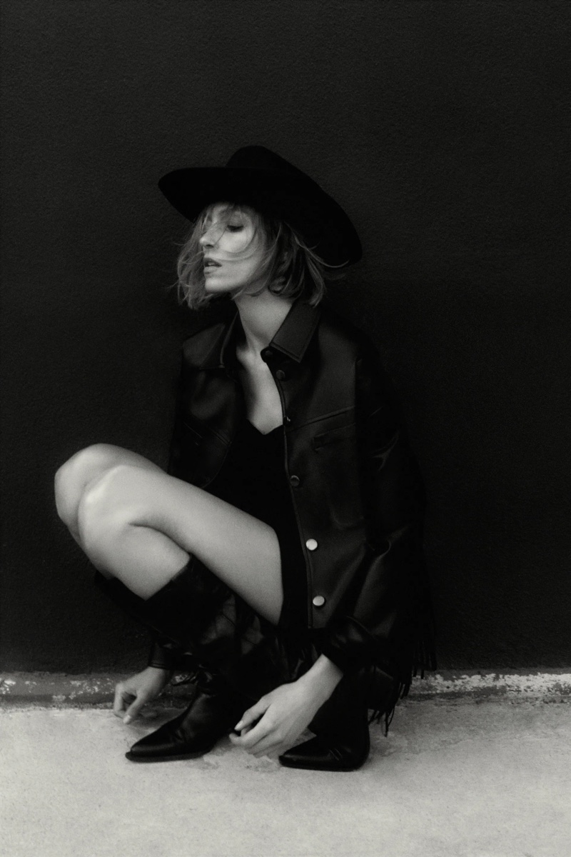 Anja Rubik models western fashion from Zara.