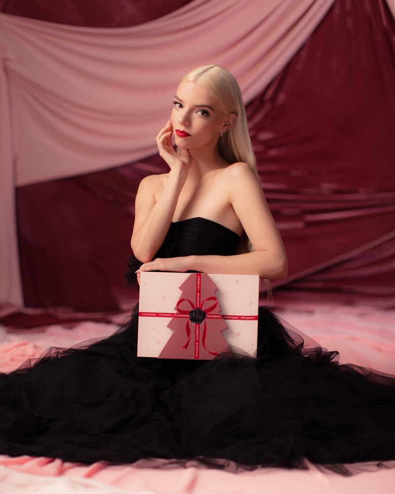 Anya Taylor-Joy poses for Viktor & Rolf fragrance holiday 2021 campaign.