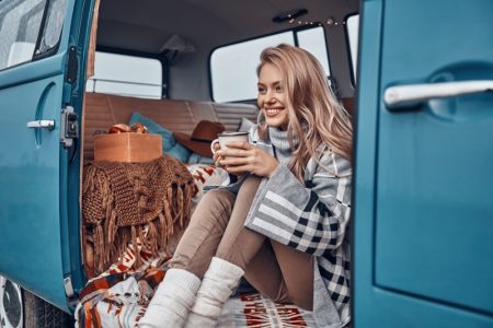 How to Camp in Style & Comfort Blonde Model Camping RV Plaid Cup Happy