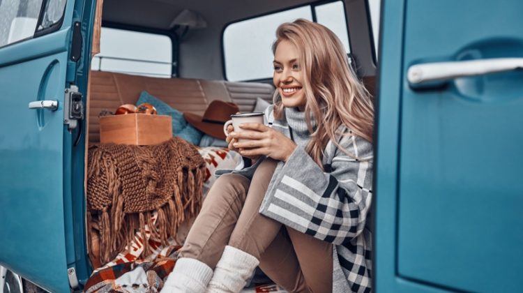 Blonde Model Camping RV Plaid Cup Happy