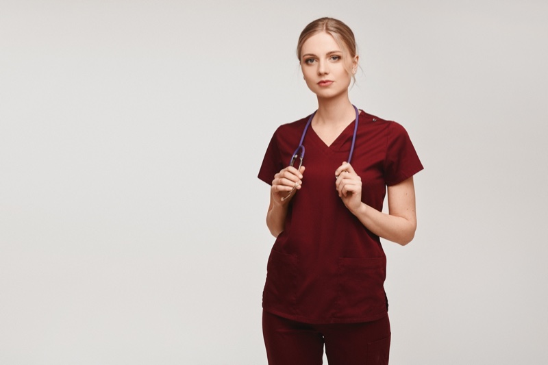 Blonde Model Red Scrubs Nurse