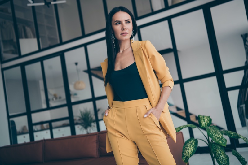 Brunette Woman Yellow Pantsuit Pockets