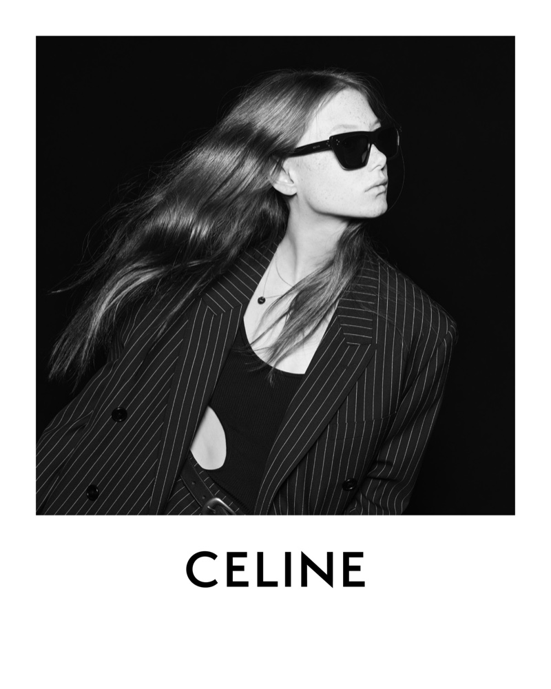 Sara Grace Wallerstedt wears Celine sunglasses and pinstriped suiting. 