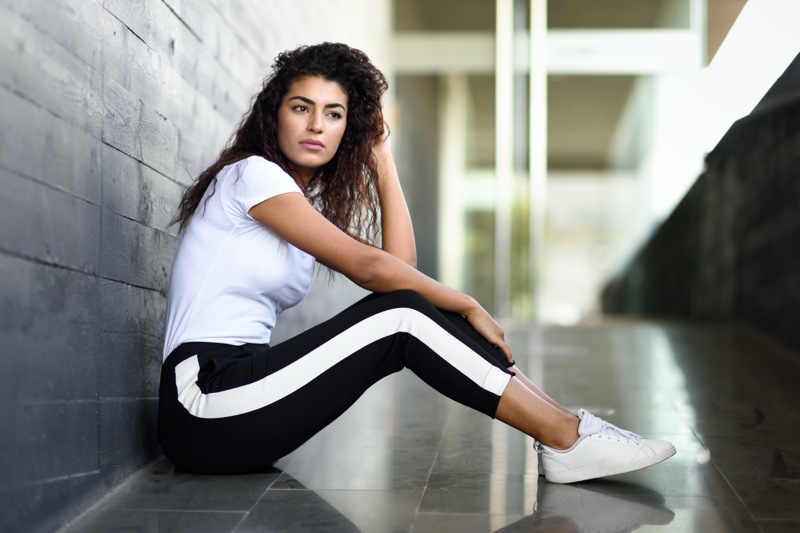 Dark Hair Model White T-Shirt Track Pants