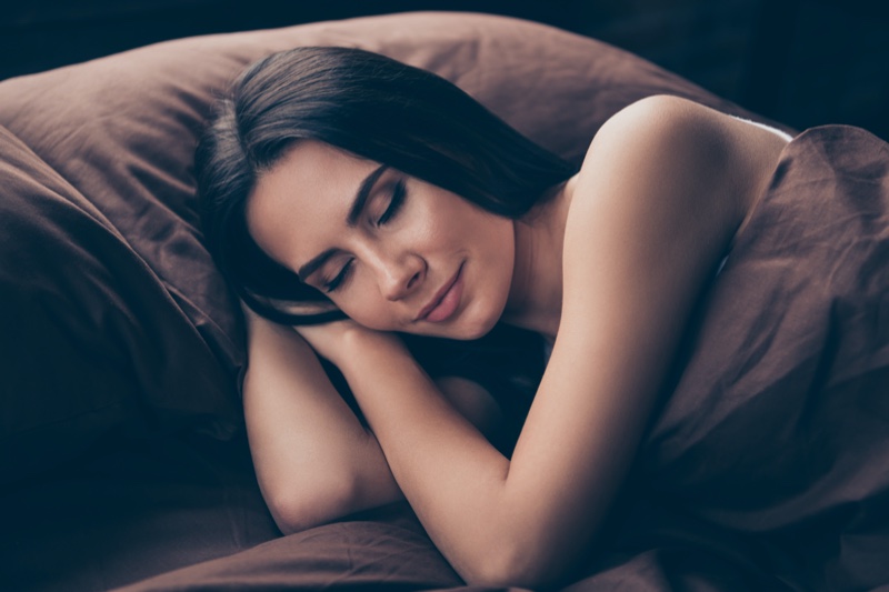 Dark Haired Woman Pretty Sleeping Brown Sheets