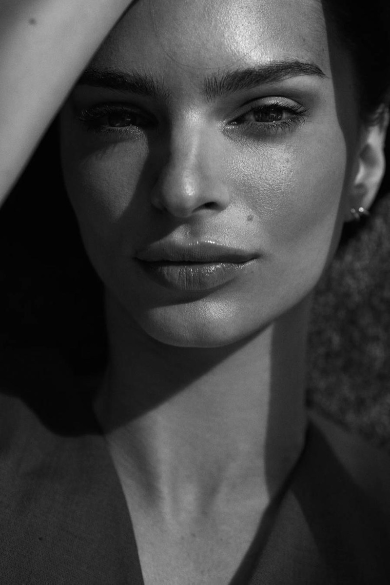 Emily Ratajkowski gets her closeup in black and white image. Photo Credit: Austin Hargrave 
