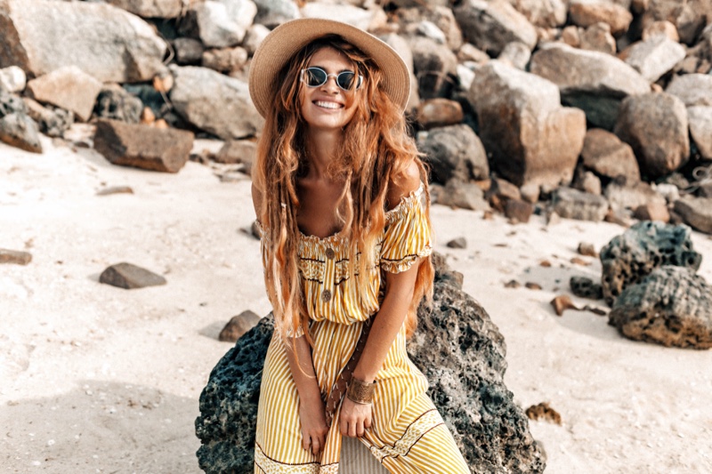 Happy Woman Beach Boho Striped Jumpsuit Hat
