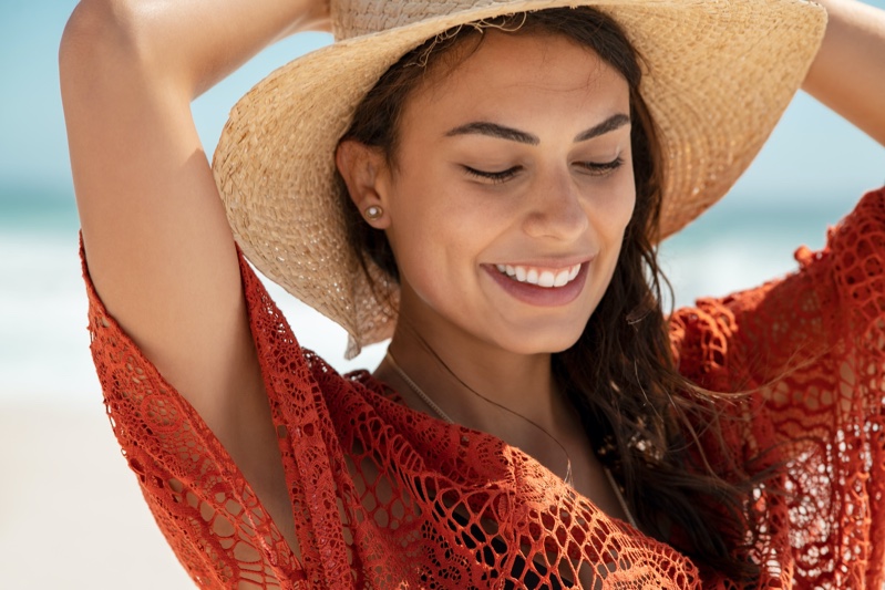 Happy Woman Straw Hat Beach