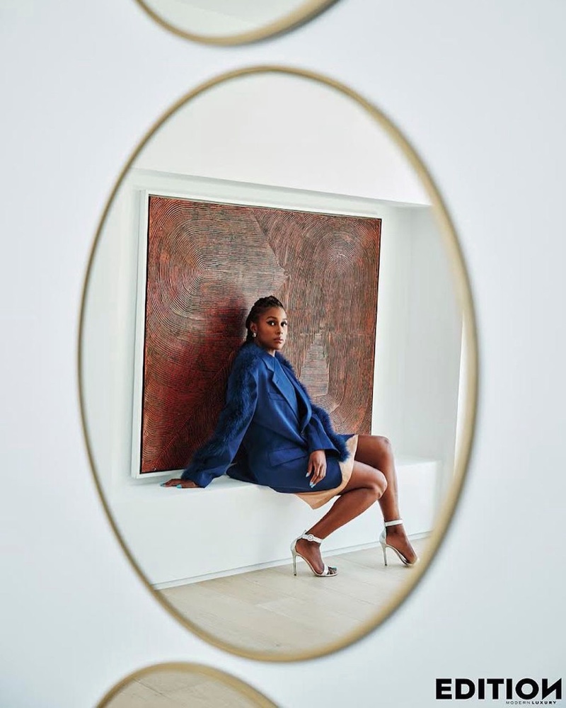 Issa Rae wears Dries Van Noten jacket with Gianvito Rossi heels. Photo: JD Barnes / Edition