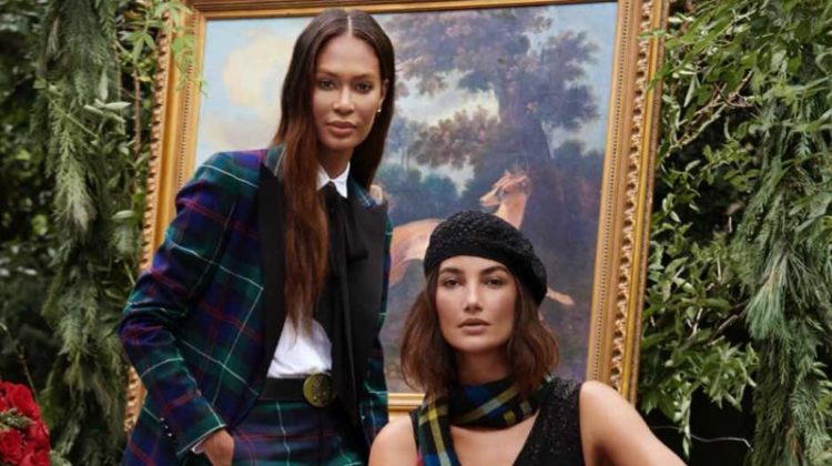 Wearing plaid, Joan Smalls and Lily Aldridge front Lauren Ralph Lauren Holiday 2021 campaign.