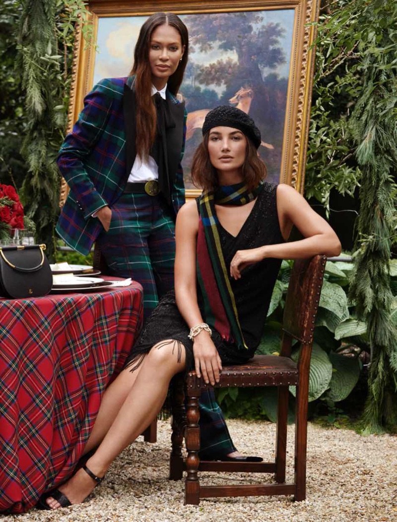 Wearing plaid, Joan Smalls and Lily Aldridge front Lauren Ralph Lauren Holiday 2021 campaign.