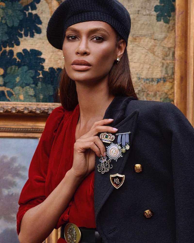 Joan Smalls models festive fashion in Lauren Ralph Lauren Holiday 2021 campaign.