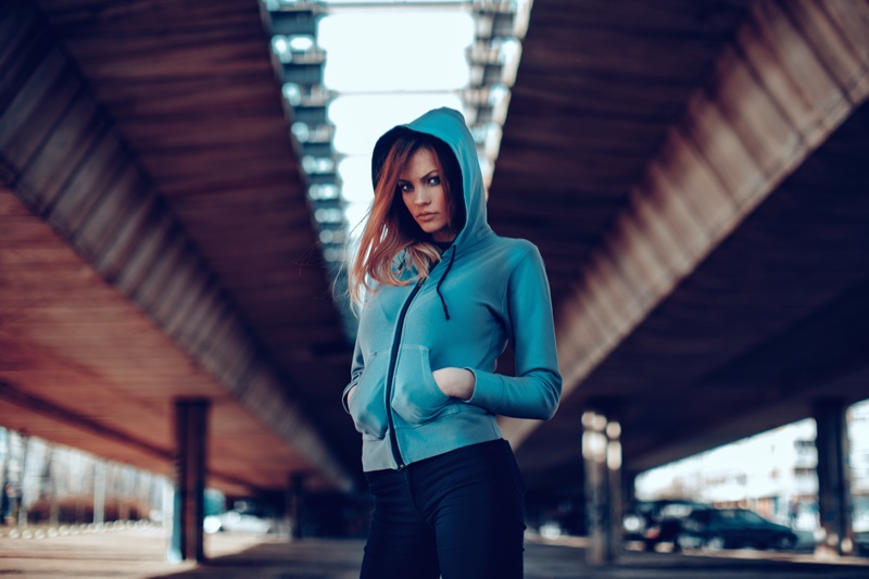 Model Blue Hoodie Hands Pockets