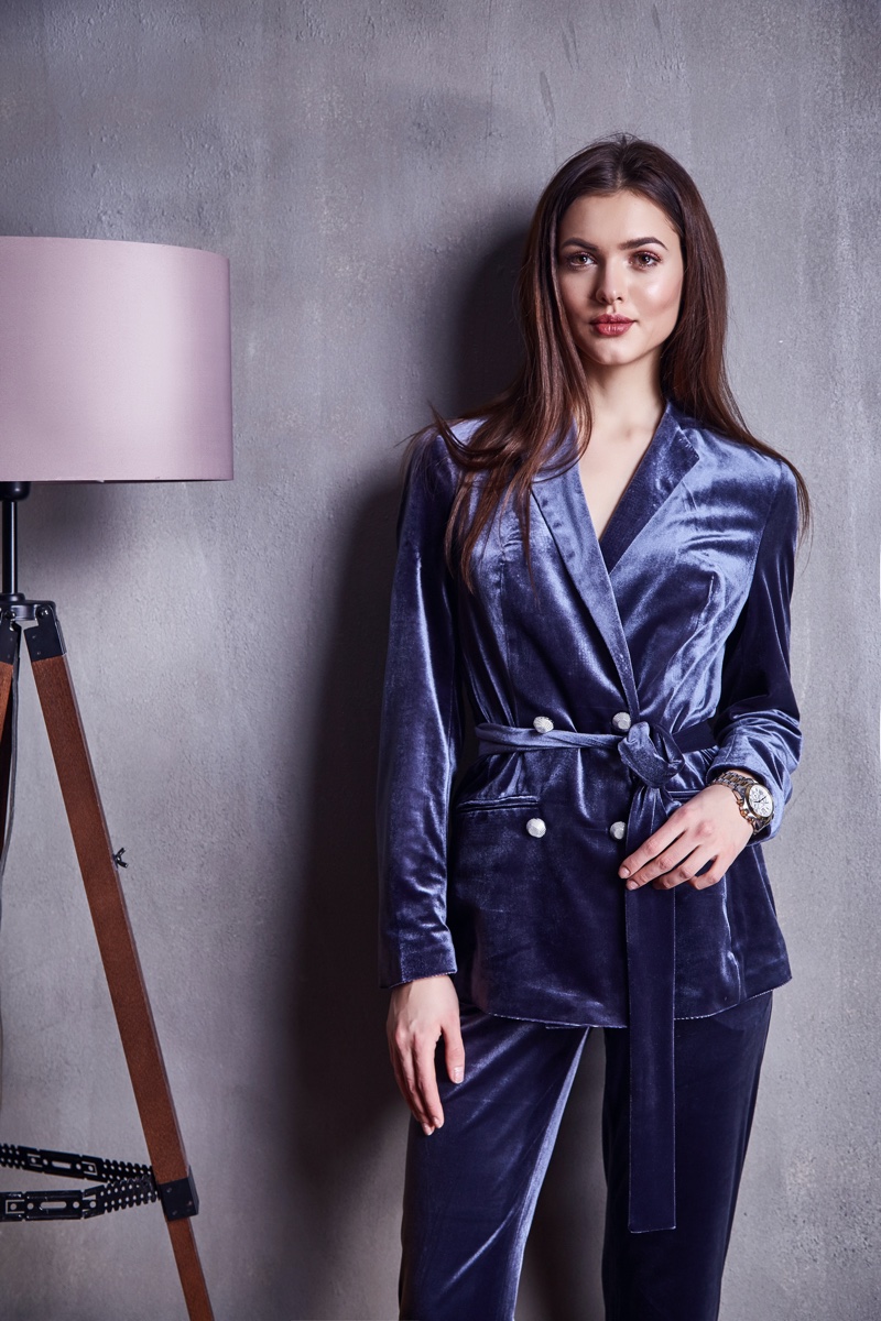 Model Blue Velvet Jacket Pant Suit