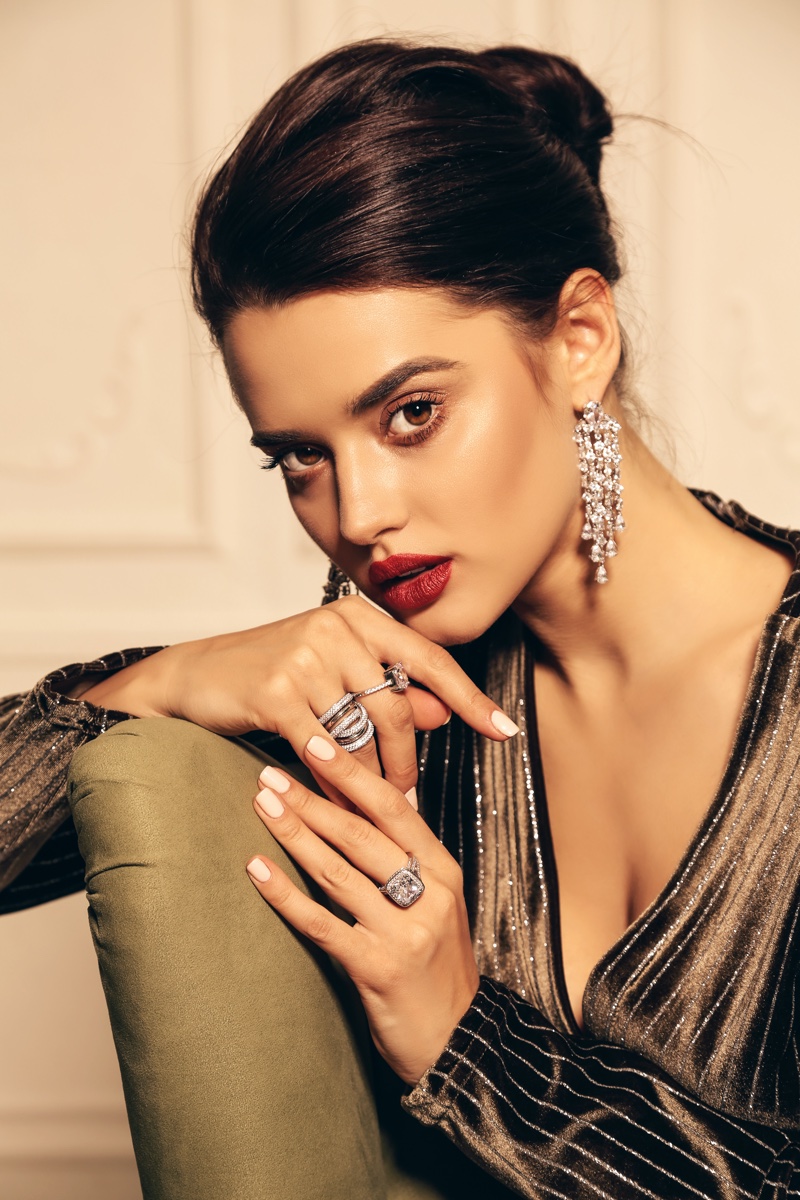Model Jewelry Rings Drop Earrings Elegant Beauty