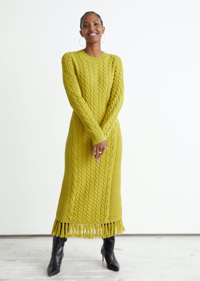 & Other Stories Cable Knit Midi Dress in Mustard Yellow $129