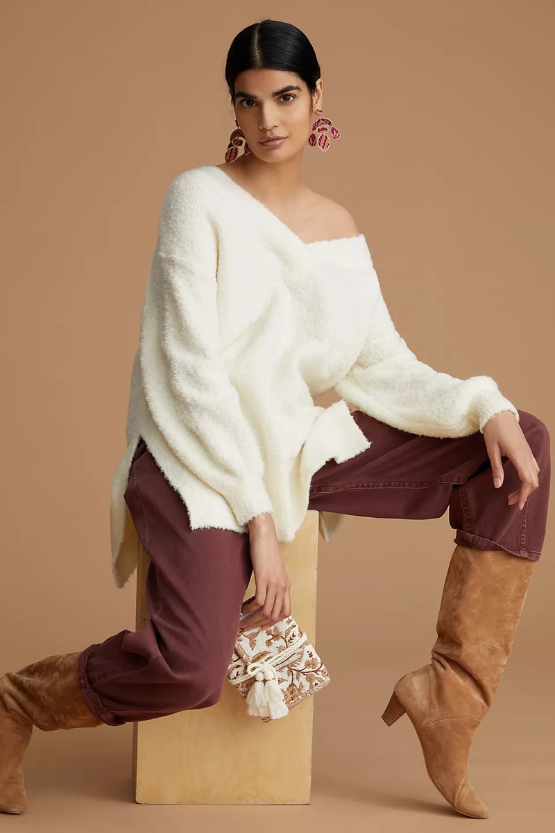 Pilcro Teddy V-Neck Tunic Sweater in Ivory $98