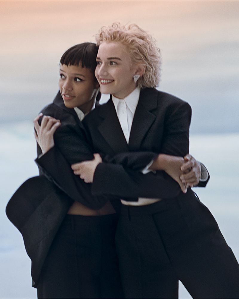 Actresses Taylor Russell and Julia Garner embrace for Prada Holiday 2021 campaign. Photo: Glen Luchford