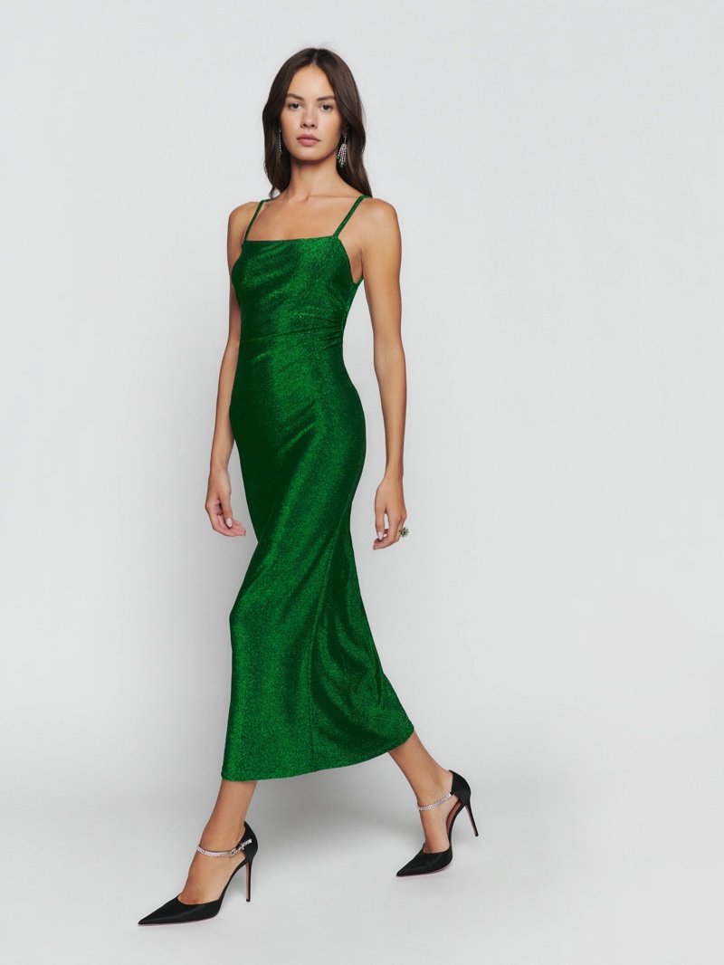Reformation Breslin Dress in Emerald Sparkle $178