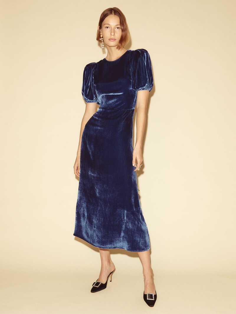 Reformation Livia Velvet Dress in Danube $298