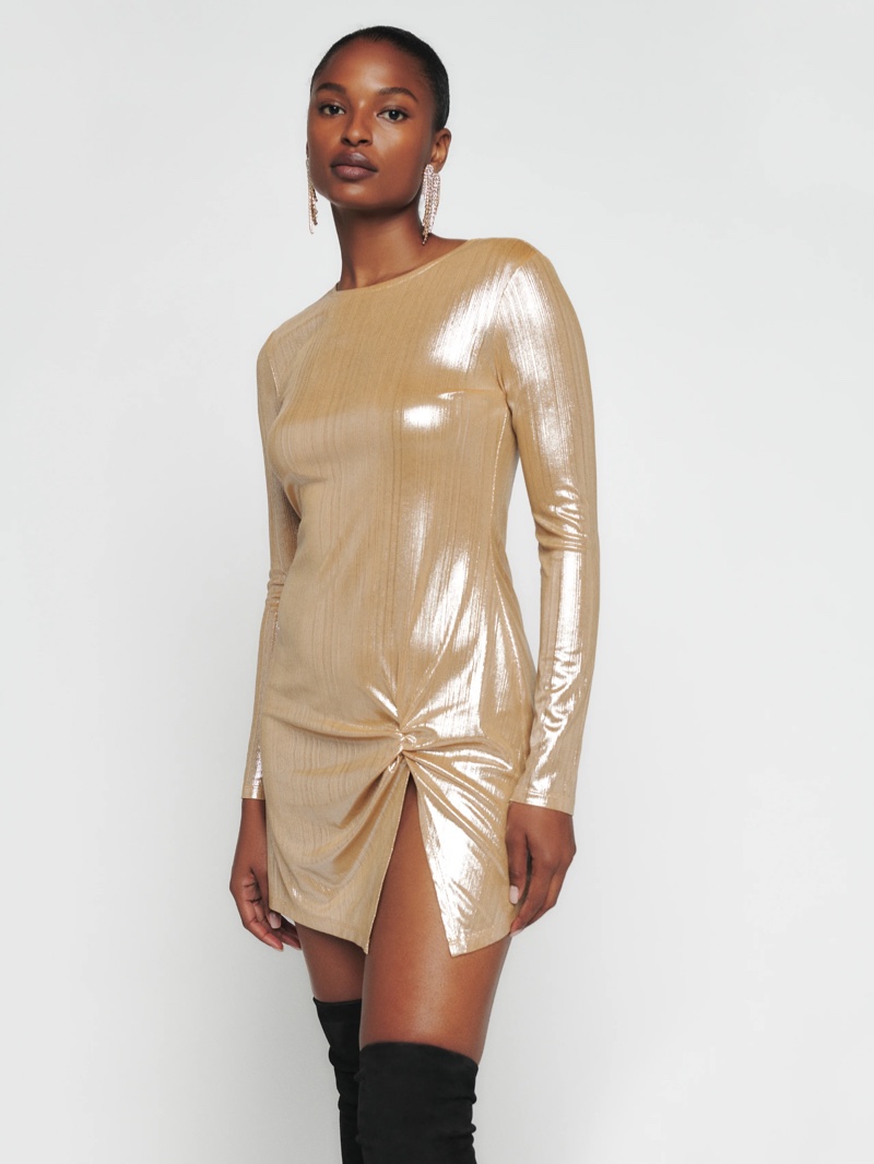Reformation Roxbury Knit Dress in Gold Metallic $178