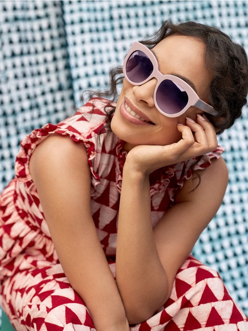 Rosario Dawson wears Rosario Dawson x Warby Parker Essex sunglasses.