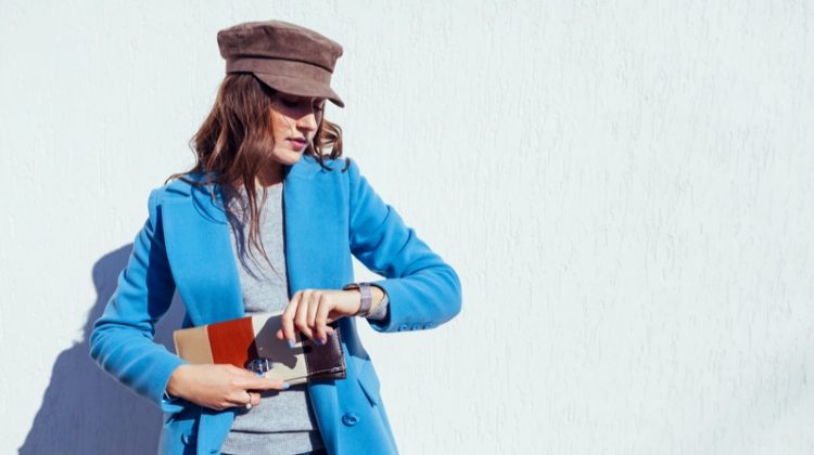 Woman Blue Coat Colorblock Bag Hat