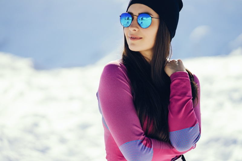 Woman Pink Top Snow Blue Sunglasses