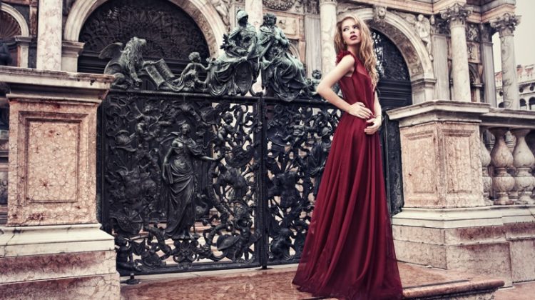 Woman Red Long Gown Elegant
