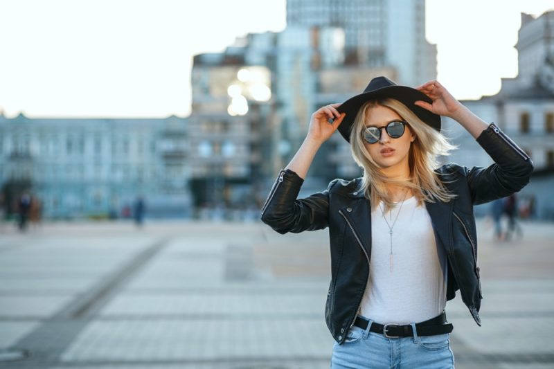 Woman Wearing Leather Jacket Jeans Sunglasses Hat