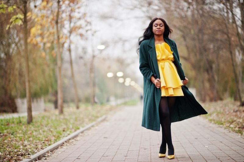 Woman Yellow Dress Green Coat