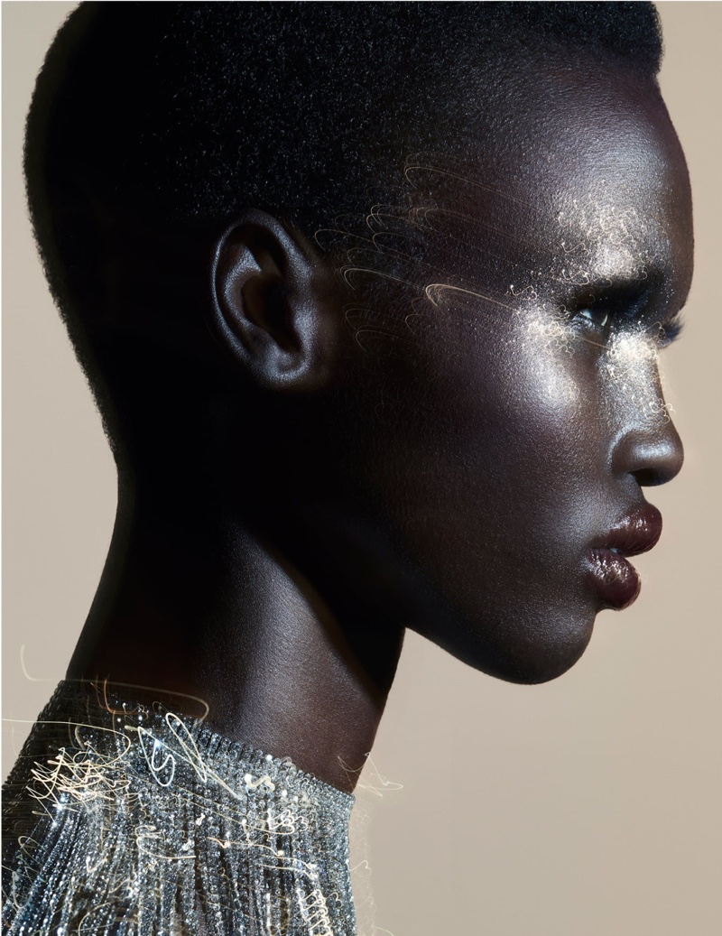 Amar Akway models in Zara Beauty Glitter Bomb editorial.