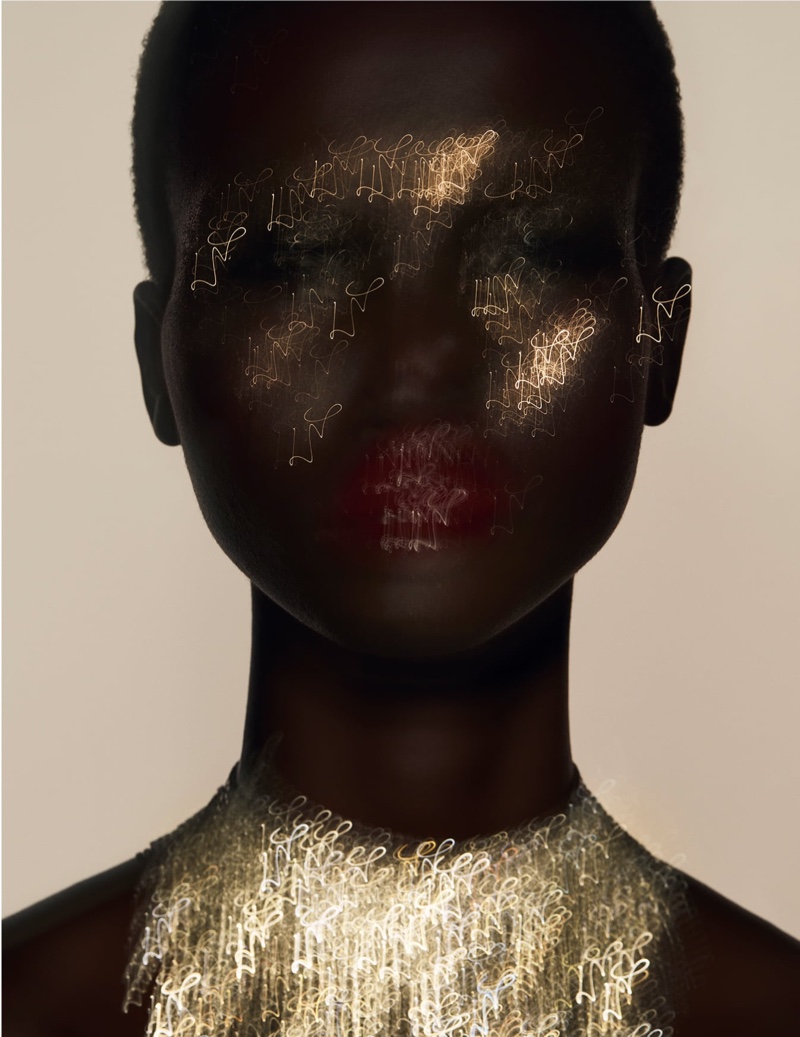 Amar Akway poses for Zara Beauty Glitter Bomb editorial.