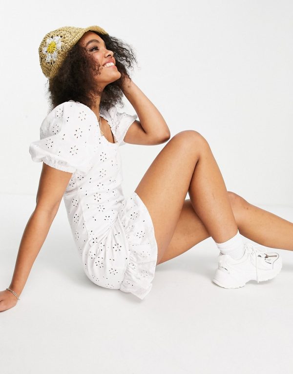 ASOS DESIGN broderie mini dress with square neck and puff sleeves in white