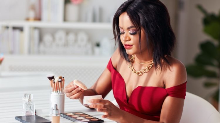 Black Woman Red Dress Makeup Table
