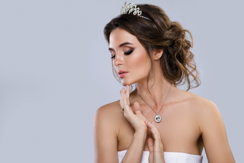 Brunette Bride Updo Tiara Necklace