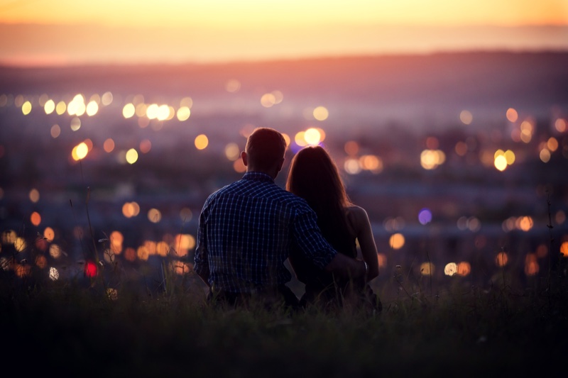 Couple Nighttime Stars Sitting Dark Romantic