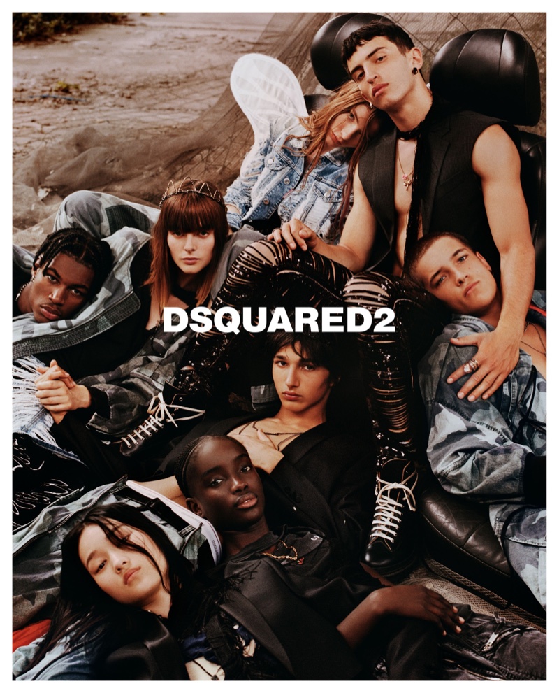 Alyah Peterson, Miriam Sanchez, Chloe Oh, Diba Maty, Alyda Grace, Guylian Masson, Alex Marku, Jack Cope, Alex Wynter, and Rubuen Bilan-Carroll star in DSquared2 spring-summer 2022 campaign.