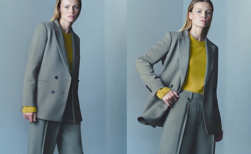 Massimo Dutti Double-Breasted Suit Blazer, Cashmere Wool Cape Sweater, and Darted Suit Trousers.