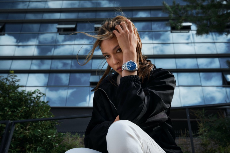 Skier Eileen Gu poses with IWC Pilot's Watch Chronograph 41 in new campaign. Photo: IWC