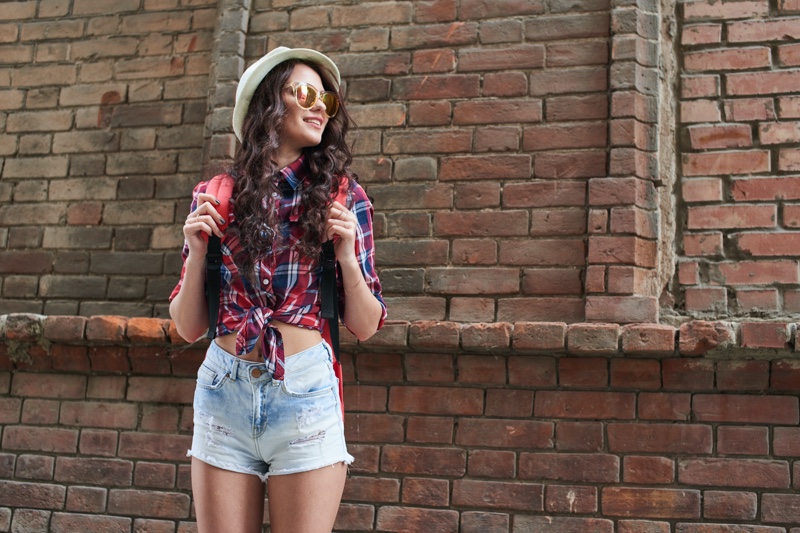 Female Tourist Plaid Shirt Denim Cut Off Shorts