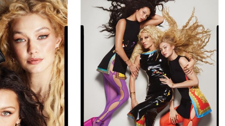 Designer Donatella Versace, Gigi and Bella Hadid pose in platform heels for Versace spring-summer 2022 campaign