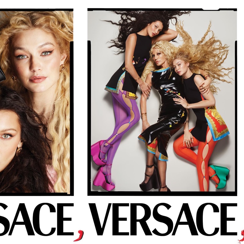 Designer Donatella Versace, Gigi and Bella Hadid pose in platform heels for Versace spring-summer 2022 campaign